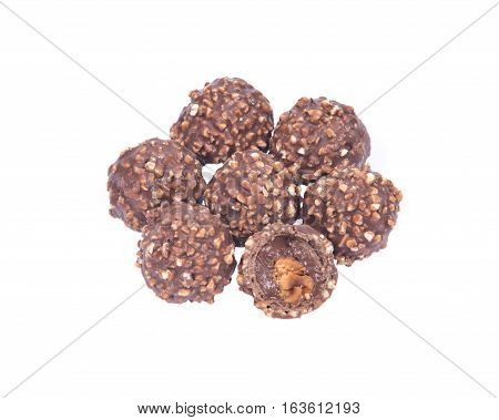 Luxury round chocolate pralines isolated on white background
