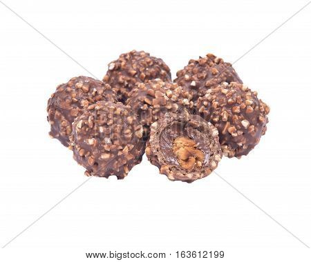 Luxury round chocolate pralines isolated on white background