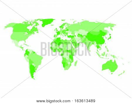 World map with names of sovereign countries and larger dependent territories. Simplified vector map in four shades of green on white background.