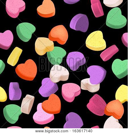 Seamless pattern for Valentine's Day with colorful conversation hearts candy on a dark background. Background in pastel colors.