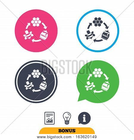 Producing honey and beeswax sign icon. Honeycomb cells symbol. Honey in pot. Sweet natural food cycle in nature. Report document, information sign and light bulb icons. Vector