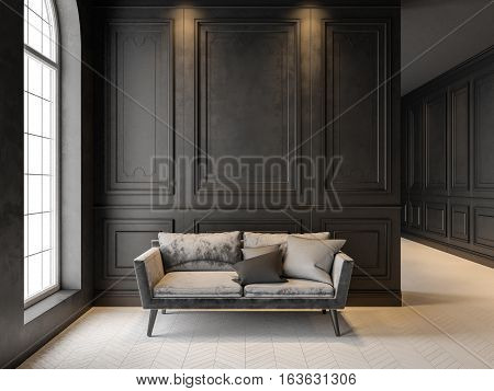 Sofa in classic black interior. 3D render interior mock up.