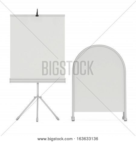 Blank Roll Up Expo Banner Stand and Sandwich board. Trade show booth white and blank. 3d render illustration isolated on white background. Template mockup for expo design. Blank menu outdoor display.