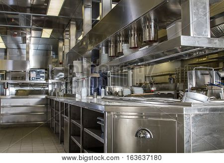 Professional kitchen view counter in stainless steel .