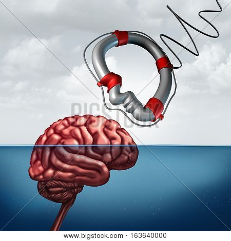 Psychology giving help concept and psychiatry counseling treatment or neurology research as a mental health symbol or education assistance as a lifesaver shaped as a human head with 3D illustration elements.