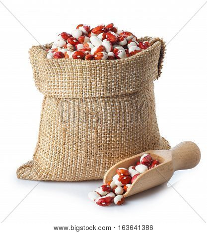 uncooked kidney beans in burlap sack with wooden scoop isolated on white background. Pinto beans