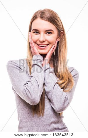 Portrait Happy Blonde Girl On White Background
