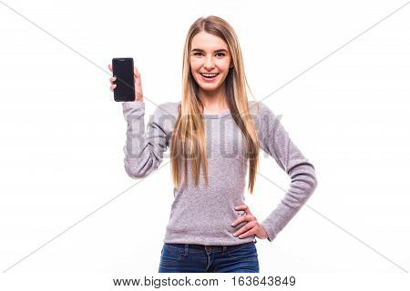 Blonde Girl Show Phone Screen On White
