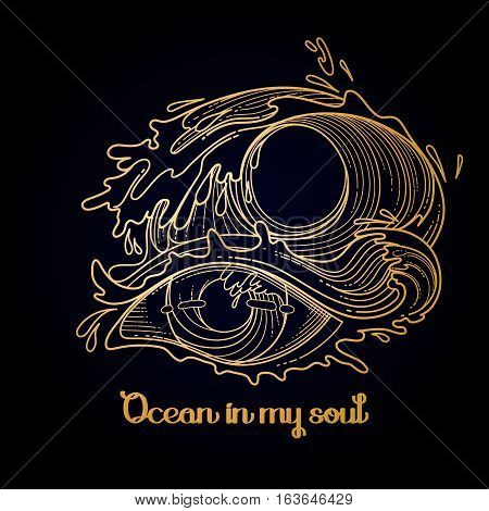 Abstract graphic eye decorated with storm waves. Sacred geometry. Tattoo art or t-shirt design. Vector illustration in gold colors