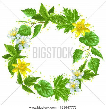 Spring green leaves and flowers. Wreath with plants twig buds.