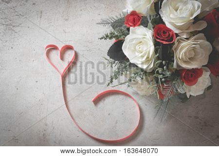 Valentine Day Background, Red Heart With Red White Rose