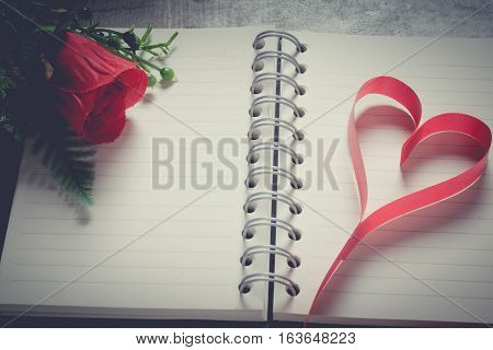 Valentine Day Background,red Heart With Notebook Paper Red White Rose