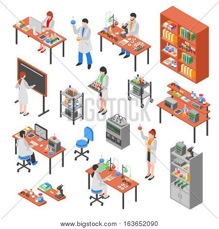 Isolated scientists laboratory isometric elements set with colorful equipment worker characters laboratory benches workplaces and furniture vector illustration