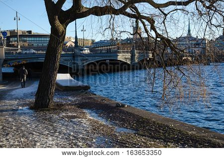 STOCKHOLM, SWEDEN - DECEMBER 15: Boardwalk by winter season in the center of Stockholm in Sweden on December 15, 2016.