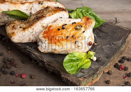 Grilled Turkey Fillet With Appetizing Roasted Crust Garnish Spinach