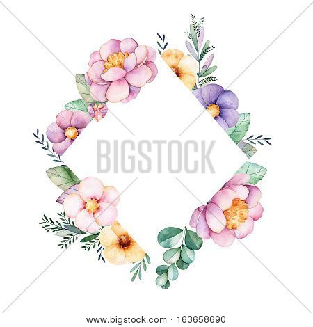 Beautiful watercolor rhombus frame border with peony,flower,foliage,branches and gemstones.Handpainted illustration.