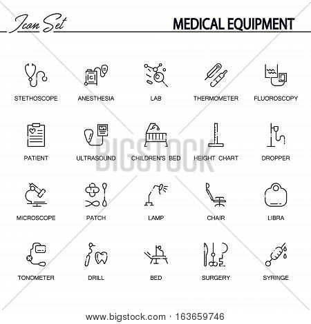 Medical equipment flat icon set. Collection of high quality outline symbols of medical equipment for web design, mobile app. Vector thin line icons or logo of stetchoscope, thermometer, microscope, etc.