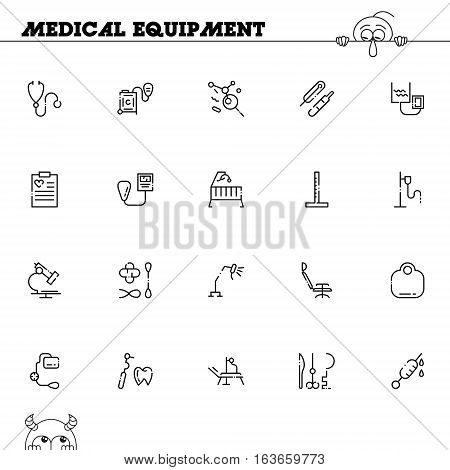 Medical equipment flat icon set. Collection of high quality outline symbols of medical equipment for web design, mobile app. Vector thin line icons or logo of stetchoscope, thermometer, microscope, etc.