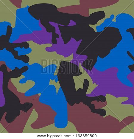 Camouflage pattern background seamless clothing print repeatable camo glamour vector. Blue purple black olive