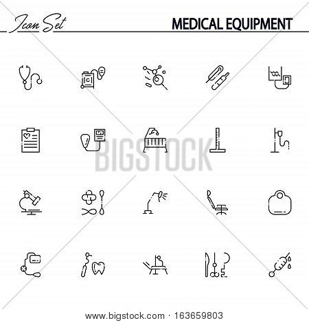 Medical equipment flat icon set. Collection of high quality outline symbols of medical equipment for web design, mobile app. Vector thin line icons or logo of stetchoscope, thermometer, microscope, etc.