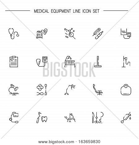 Medical equipment flat icon set. Collection of high quality outline symbols of medical equipment for web design, mobile app. Vector thin line icons or logo of stetchoscope, thermometer, microscope, etc.