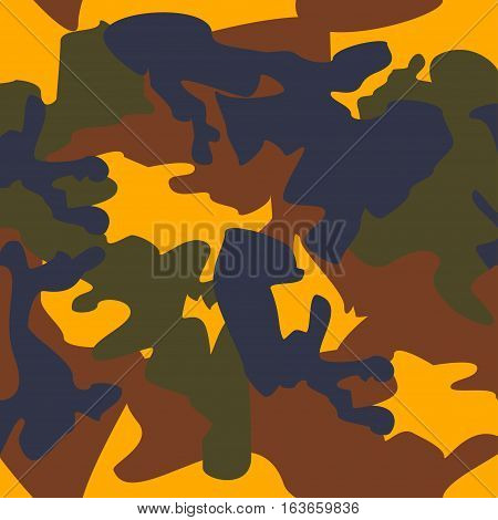 Camouflage pattern background seamless clothing print repeatable camo glamour vector. Yellow brown blue olive