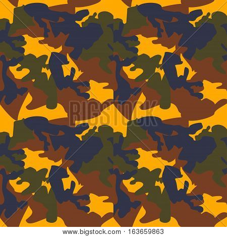 Camouflage pattern background seamless clothing print repeatable camo glamour vector. Yellow brown blue olive