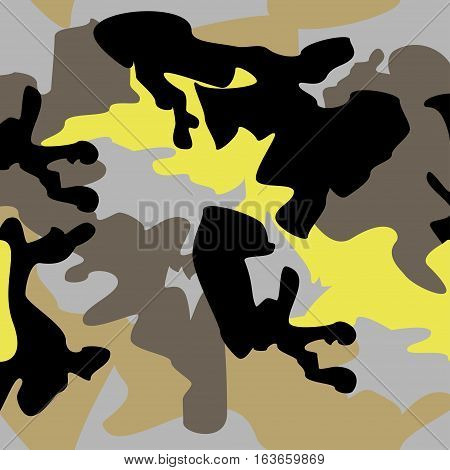 Camouflage pattern background seamless clothing print repeatable camo glamour vector. Yellow black grey