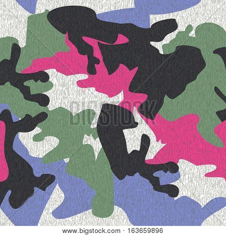 Camouflage pattern background seamless clothing print repeatable camo glamour grunge of scratch vector. Pink green grey black blue