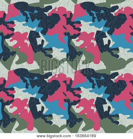 Camouflage pattern background seamless clothing print repeatable camo glamour grunge of scratch vector. Pink blue olive navy