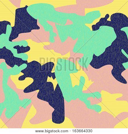 Camouflage pattern background seamless clothing print repeatable camo glamour grunge of scratch vector. Yellow navy pink green