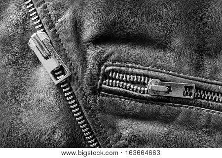 Metal Zipper on Leather Jacket Detail Close Up