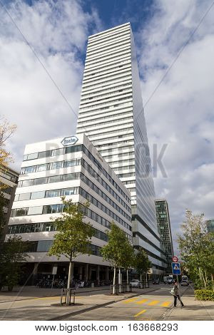 Basel, Switzerland - October 20, 2016: The Roche Tower at the headquarters of the pharmaceutical company Roche