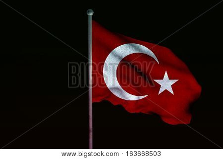 Waving flag of Turkey on flagpole, isolated on white background.