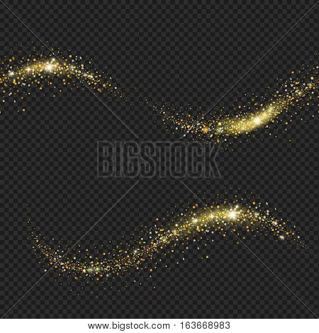 Vector golden sparkling confetti wave Stardust trail. Cosmic glittering magic fairy dust.