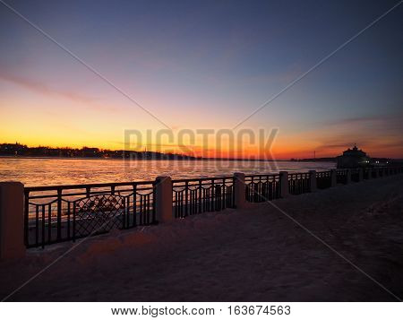 Buitiful sunset at Kostroma on Volga icy shore