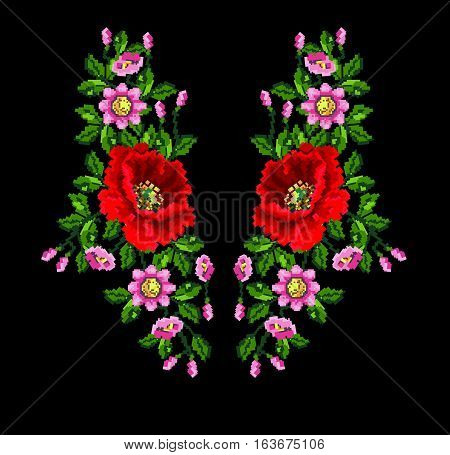 Seamless pattern.Wallpapers or textile.Color bouquet of flowers (poppies,ears of wheat and cornflowers) using traditional Ukrainian embroidery elements.