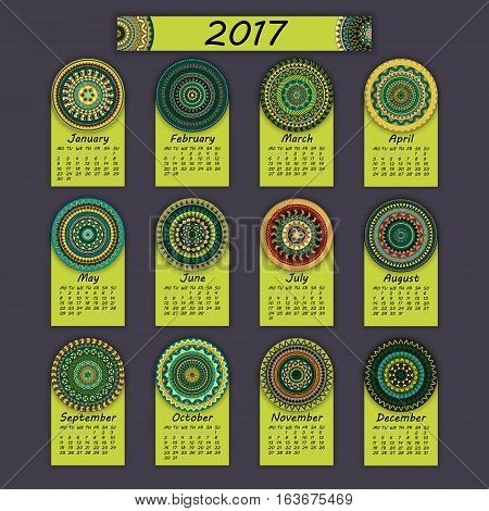 Calendar 2017. Vintage decorative colorful elements. Ornamental floral oriental pattern vector illustration. Islam Arabic Indian turkish pakistan chinese ottoman motifs