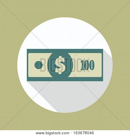 Dollar banknote flat icon. USA currency note symbol in the circle. One hundred american dollars vector pictogram. Greenback stylized eps8 illustration.