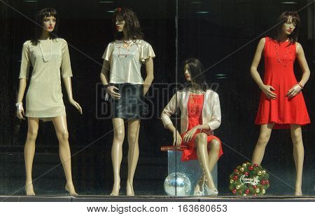 HYDERABAD,INDIA-DECEMBER 24:Mannequins dressed in latest fashion kept in front of retail clothes store or shop on December 24,2016 in Hyderabad,India