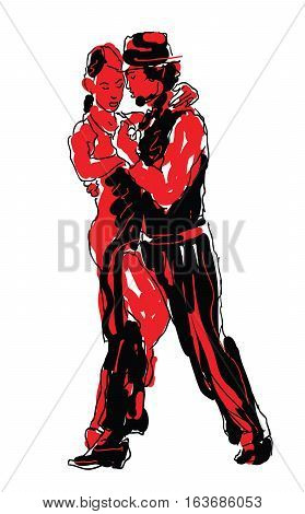 Sketched Tango  Dancers in Red and Black - vector illustration