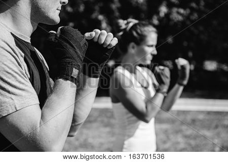 Taebo training, black and white image, selective focus