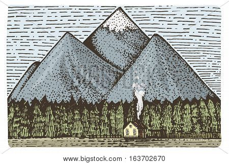 mountains with house and forest engraved, hand drawn vector illustration in woodcut scratchboard style, vintage drawing lable