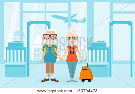 Grandfather and grandmother with a packsack travel. Travelling with the knapsack. Background of airport interiors. Travel Concept. Vector Illustration eps 10 in flat style