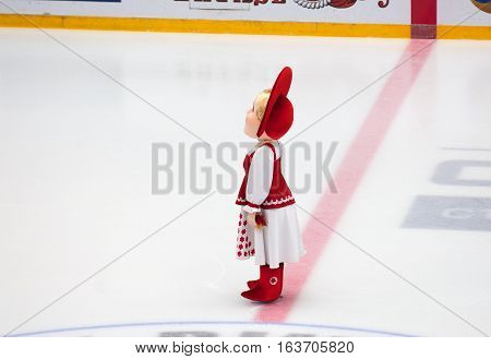 Podolsk - October 30, 2016: Mascot Of Vityaz Team Lubava Just Before Hockey Game Vityaz Vs Dynamo Mi