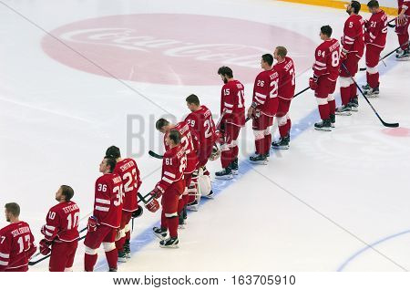 Podolsk - October 30, 2016: Vityaz Team On Himn Just Before Hockey Game Vityaz Vs Dynamo Minsk On Ru