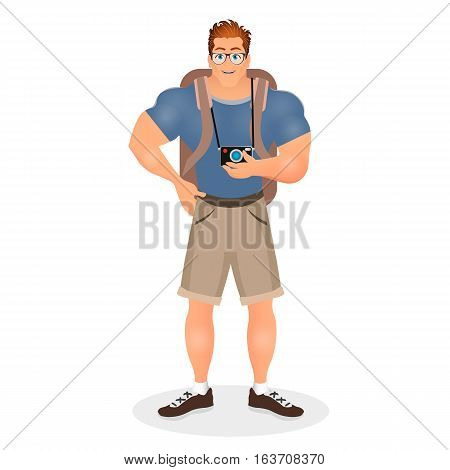 Brutal Young Bearded Hipster Male In Eyeglasses With A Packsack Travel And Camera. Travelling With T