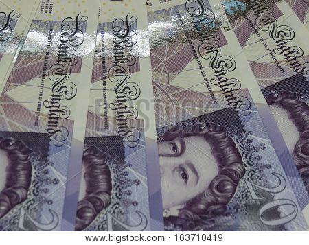 LONDON UK - CIRCA SEPTEMBER 2016: 20 Pound banknotes money (GBP) currency of United Kingdom