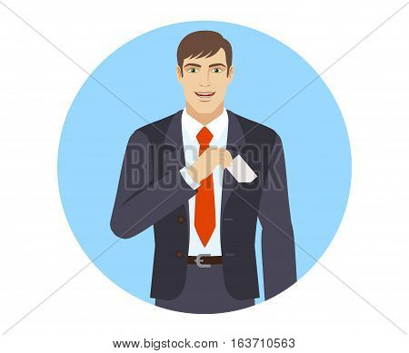 Businessman puts the business-card in his pocket. Portrait of businessman in a flat style. Vector illustration.