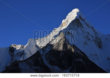 Famous mountain Ama Dablam seen from Chukhung. Everest National Park Nepal.